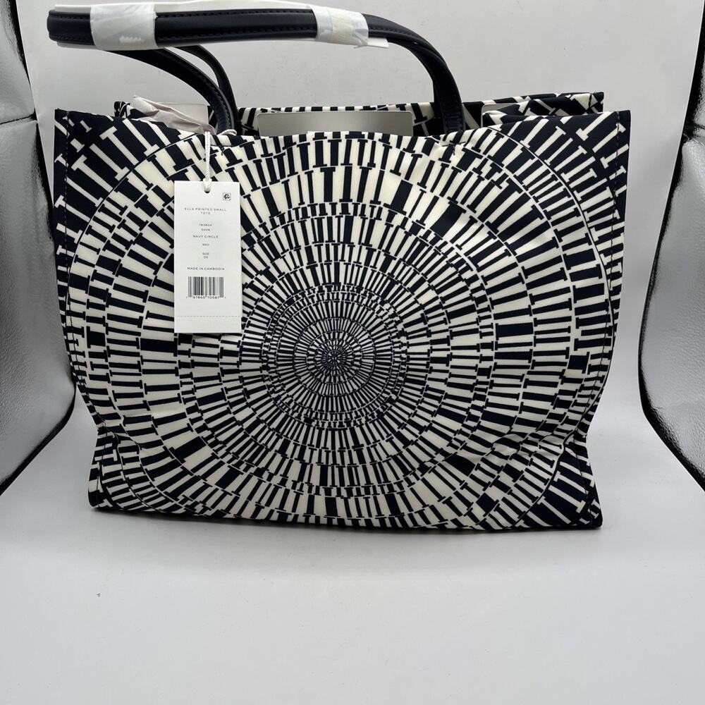 Tory Burch Ella Printed Tote Bag Navy Blue Beige Circles Gingham Nylon Leather - Picture 4 of 12